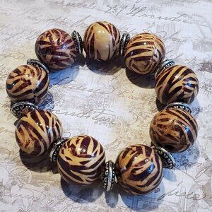 Vintage 90s Y2K Giraffe Animal Print Chunky Wood Beads Stretch Bangle Bracelet